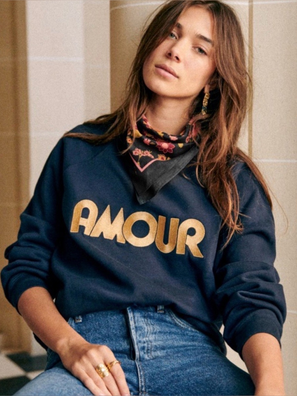 Sezane Amour Sweatshirt S Navy Gold Embroidered Organic Cotton Parisian Chic